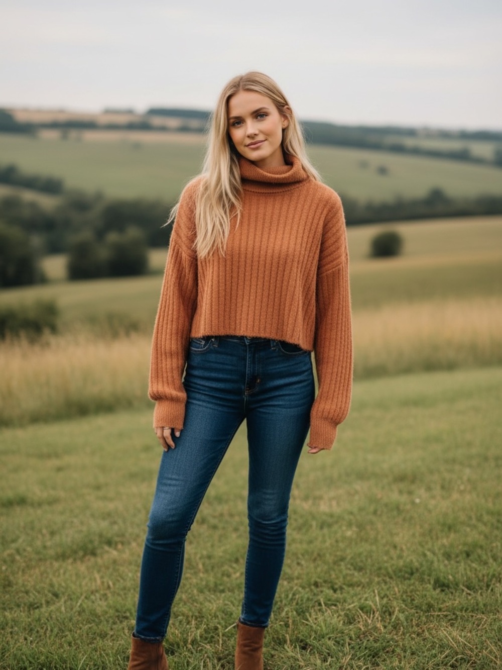 Arizona Jean Company Cropped Ribbed‎ Turtleneck Sweater in Rust Orange